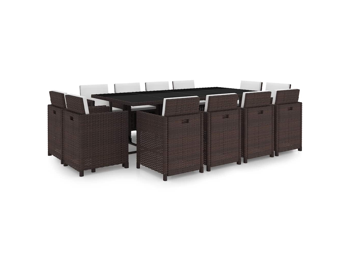Vidaxl 13 Pcs Conjunto Jantar Exterior Com Almofadões Vime Pe Castanho