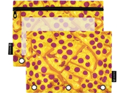 Estojo escolar transparente Gaigeo para macarrão com estampa floral de pizza e 3 argolas, porta-lápis, bolsa com zíper, macarrão