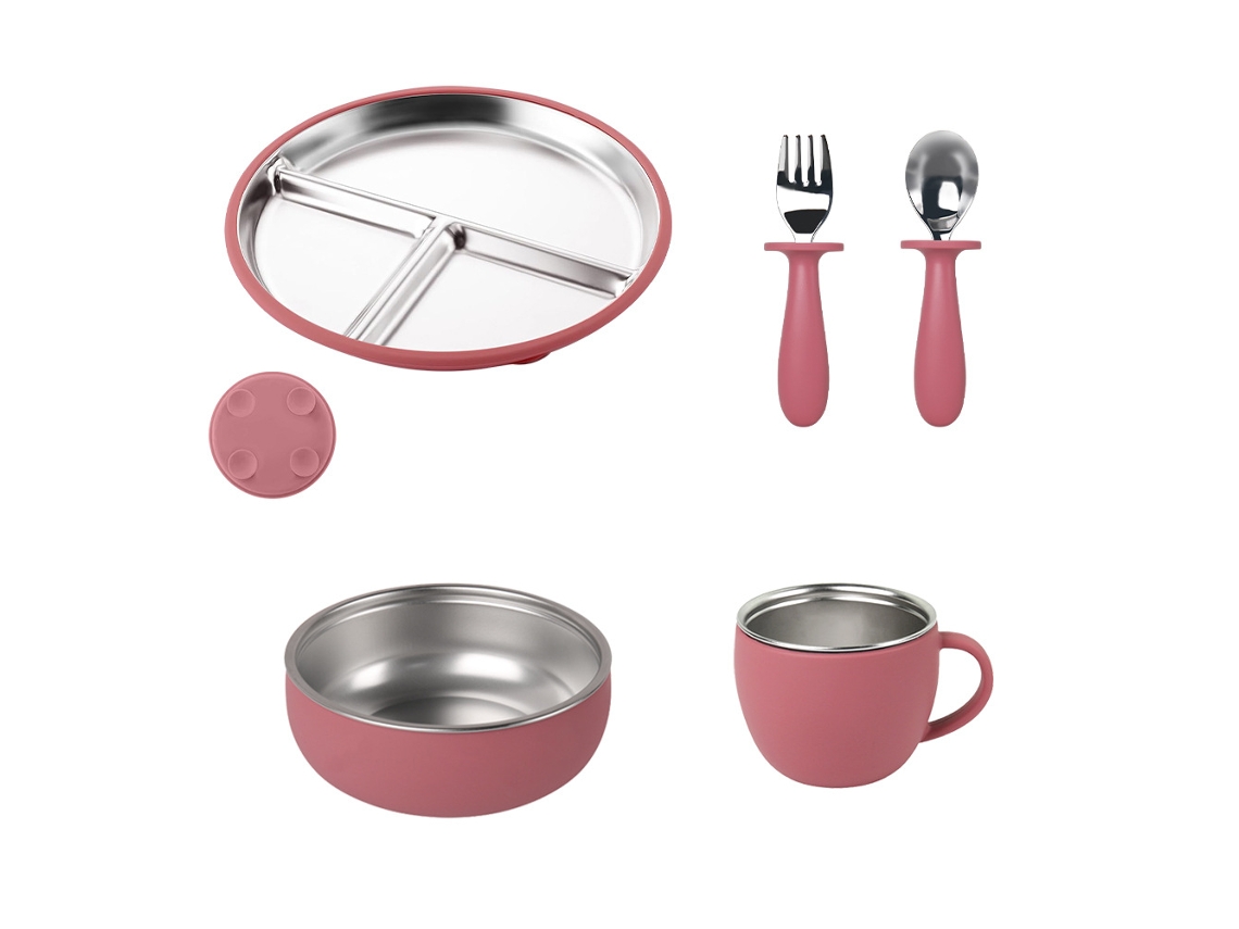 Conjunto de Loiça Infantil, Conjunto de 5 Peças, Material de Aço Inoxidável 304, com Ventosa. Rosa CZHHMART