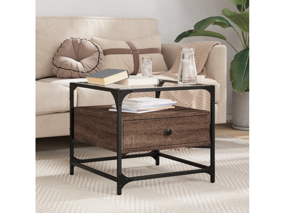 Vidaxl Mesa De Centro C/ Topo Vidro 50x50x45 Cm Carvalho Castanho Aço