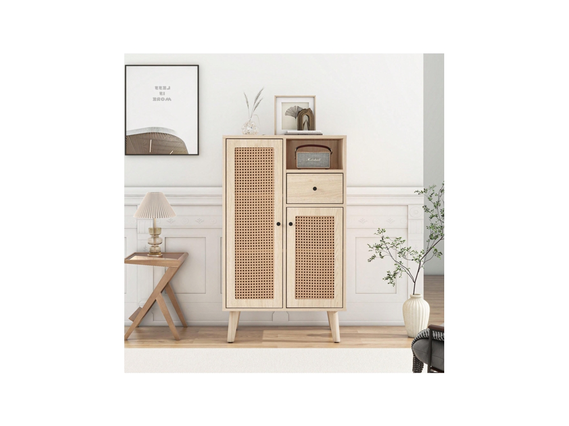 Sideboard Em Madeira Com 2 Portas De Vime, 1 Gaveta, Armário De Canto, Cômoda, Armário De Armazenamento Com Amplo Espaço, 60x40x101cm Quenty