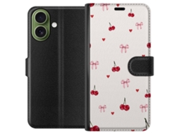 Capa Carteira Compatível Com Apple Iphone 17. Estampa Delicada Com Cerejas, Corações Pequenos E Laços Rosa Sobre Um Fundo Claro, Em Um Estilo Fofo E R