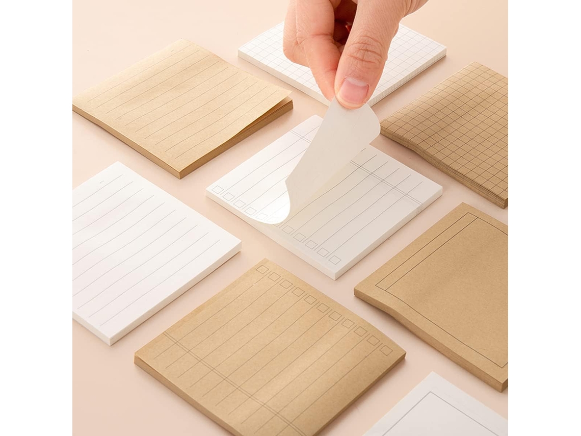 Blocos De Notas Adesivas, 8 Unidades, 50 Folhas, 7.6x7.6cm, Madeira, Pautadas, Branco