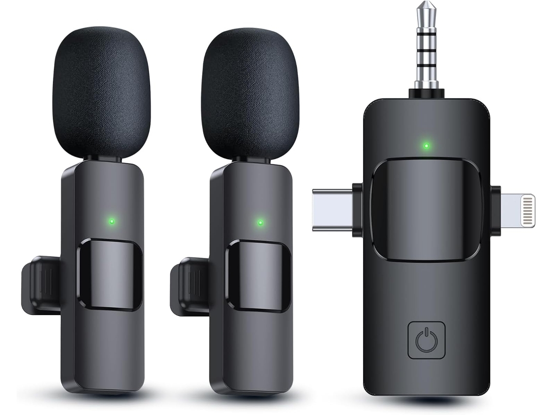 Microfone De Lapela Sem Fios 3 Em 1 Para Câmaras De Iphone, Ipad E Android (um Para Dois Dispositivos)