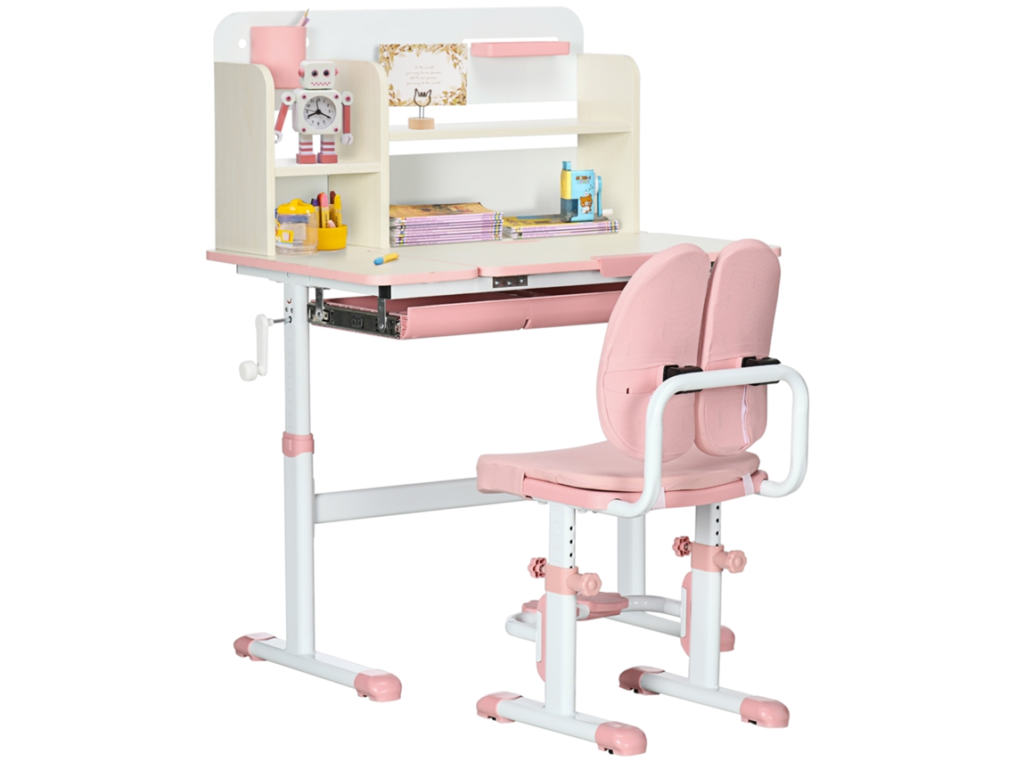 Conjunto de Secretária e Cadeira para Crianças com Altura Ajustável Gaveta Prateleiras e Bancada Inclinável 109 Cm e 80x52x88 Rosa Branco