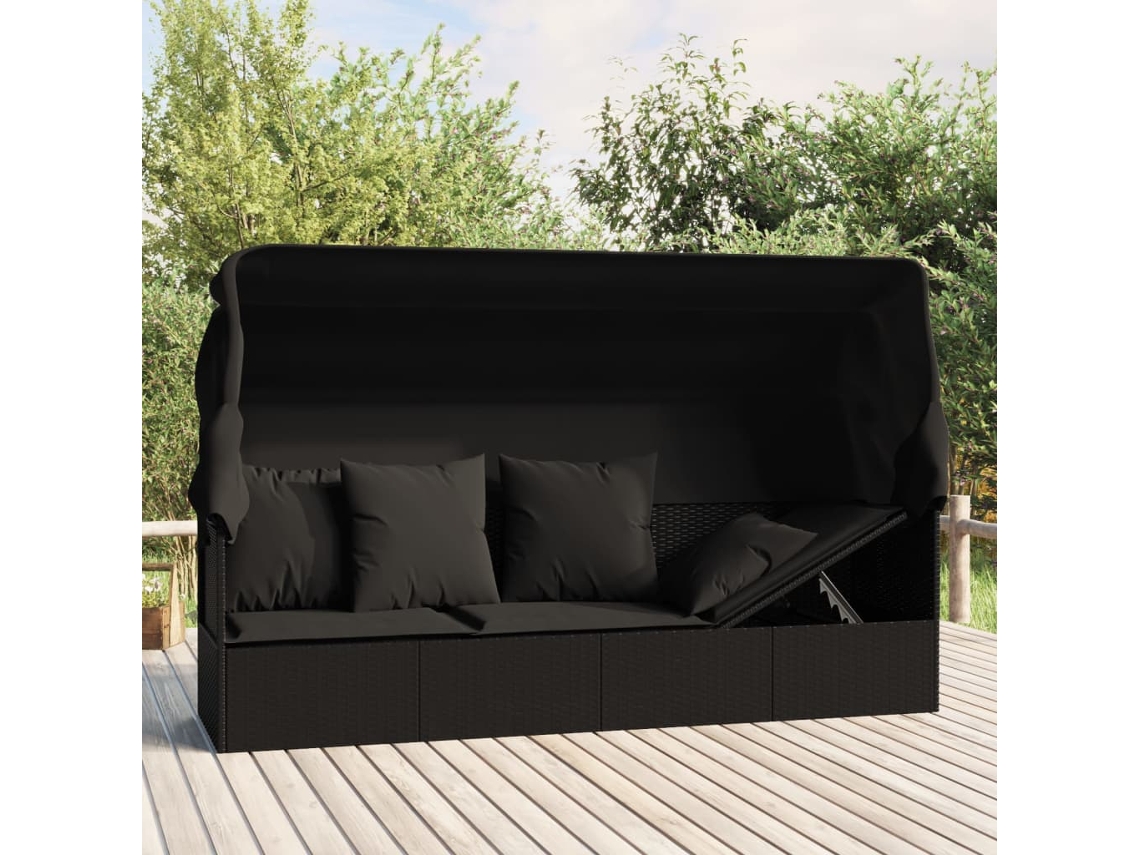 Vidaxl Sofá Lounge De Exterior C/ Toldo E Almofadões Vime Pe Preto