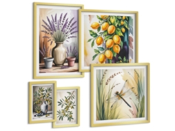 Quadros Decorativos Para Parede Montanhas, Peixes, Grande Onda, Japão Moldura Dourada Quadros Para O Escritório Espelharte (conjunto De 5 Imagens)