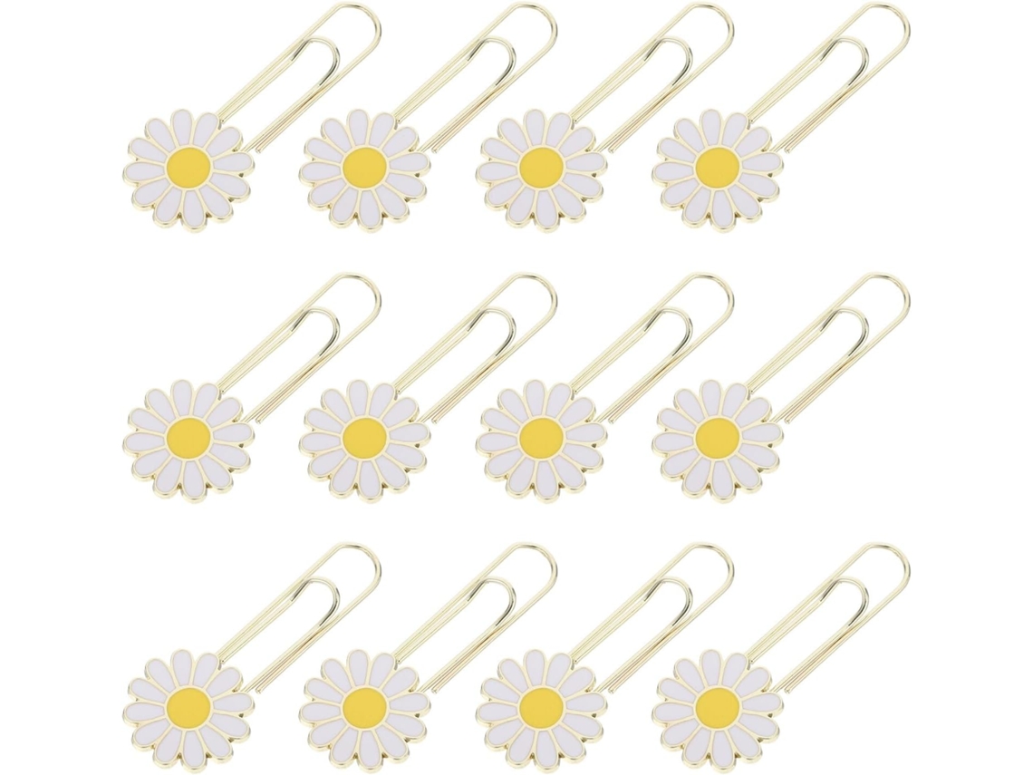 Conjunto De 12-clips Papel Em Formato Margarida, Pequenos, De Metal, Com Design Floral Branco E Amarelo, Acessórios