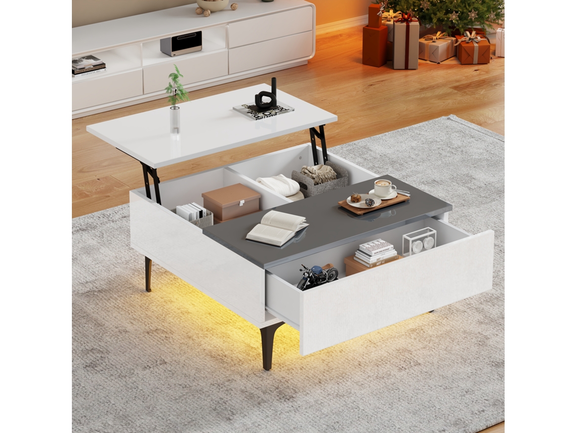 Mesa Centro Branca 70x70x35cm, Ajustável, Led, Gavetas.-hw