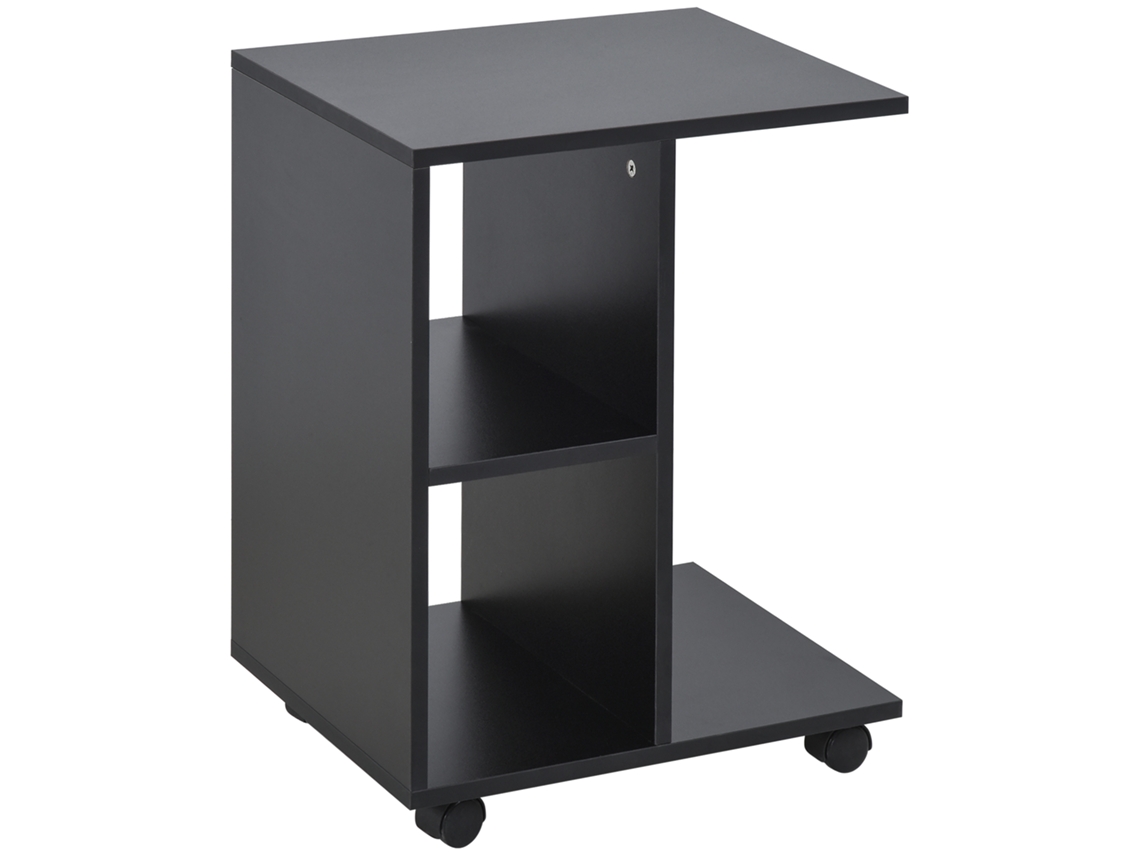 Mesa de Centro em formato de C com 2 Prateleiras e 4 Rodízios 45x35x58cm preto BTFORUS