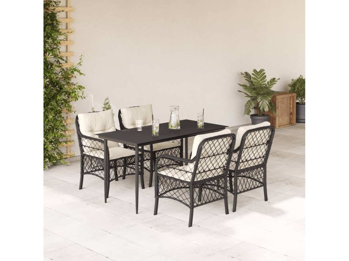 Vidaxl 5 Pcs Conjunto De Jantar P/ Jardim C/ Almofadões Vime Pe Preto