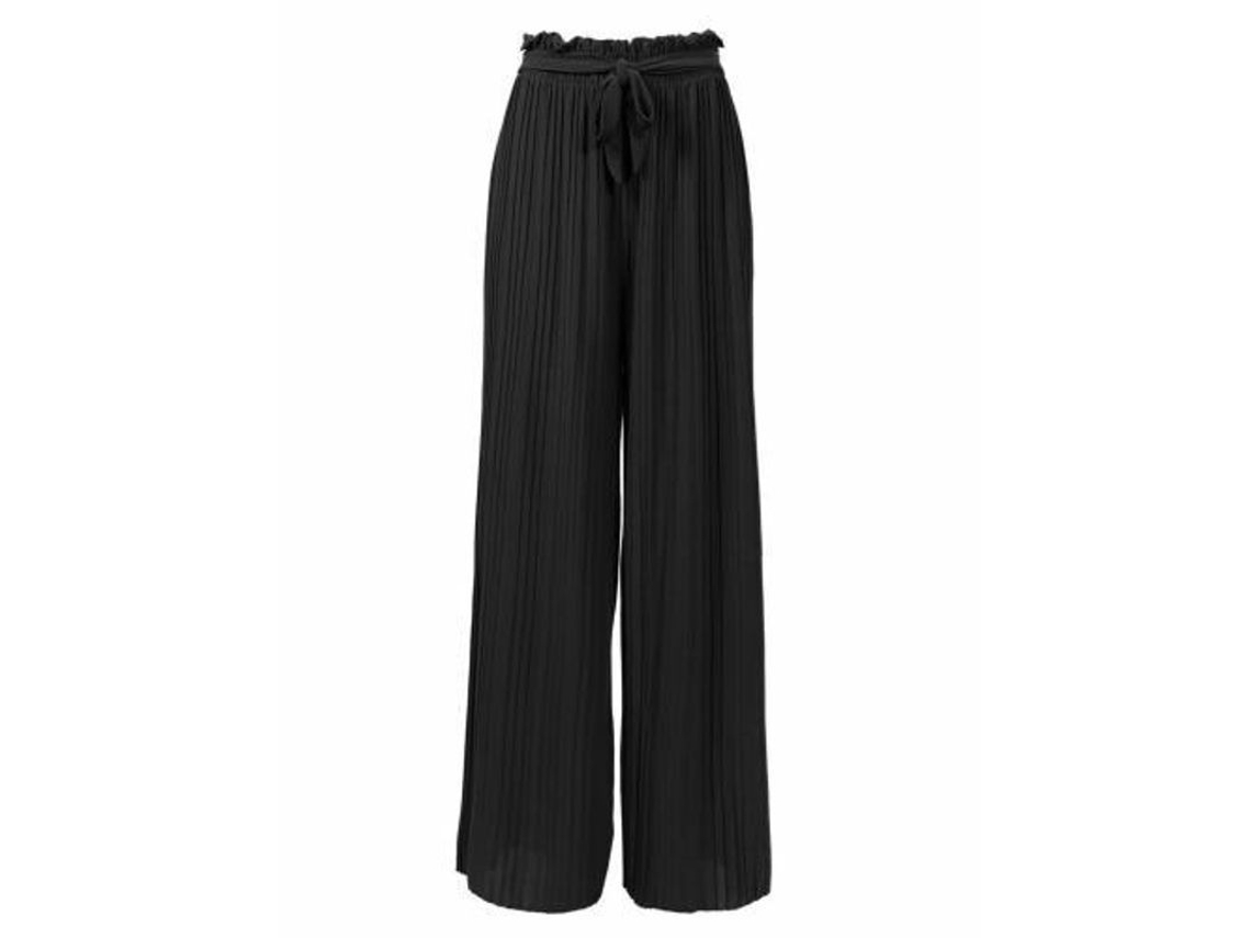 Calça Palazzo Feminina Rebe com Pregas Amplas em Chiffon e Laço, Tamanho P, Preta