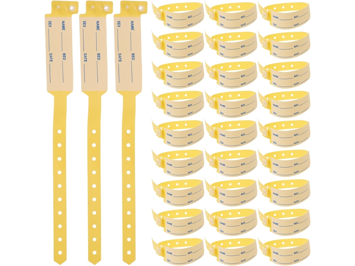 Conjunto de 100 pulseiras de identificação médica gravadas para pacientes em áreas rurais, lares de idosos e casas de repouso.