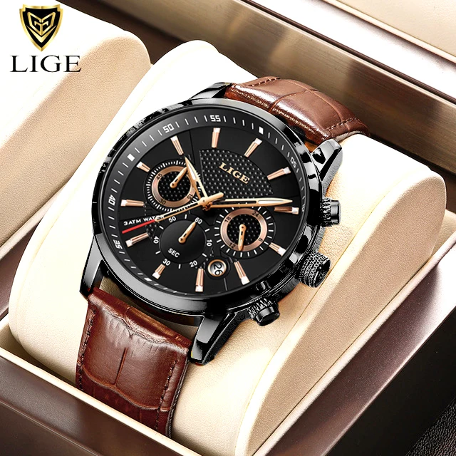 Relógio (totalmente Preto) Em Couro Genuíno, Estilo Casual, Executivo E Esportivo, Cronógrafo De Quartzo Luminoso À Prova D'água