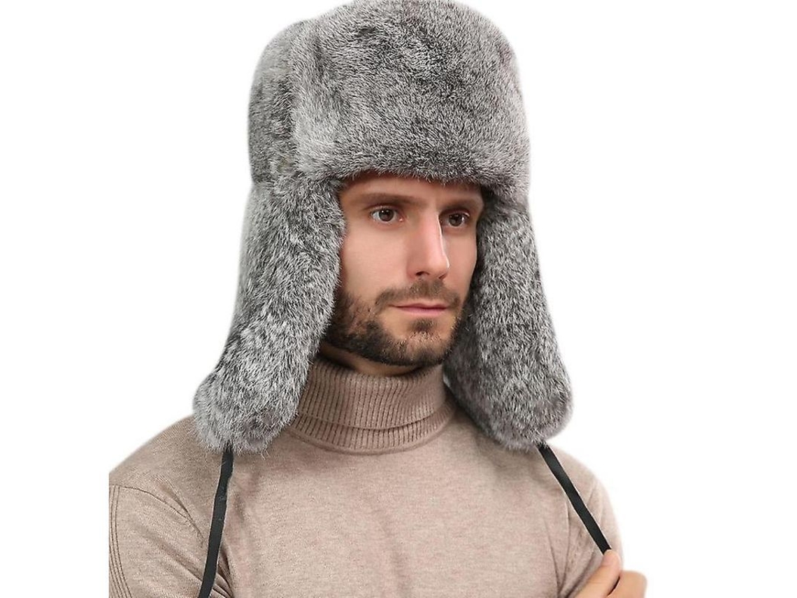 2026 gorro de Invierno Ruso de Piel de Conejo Con Aletas para Orejas Trapper Bomber para Hombres Oej L Cinza