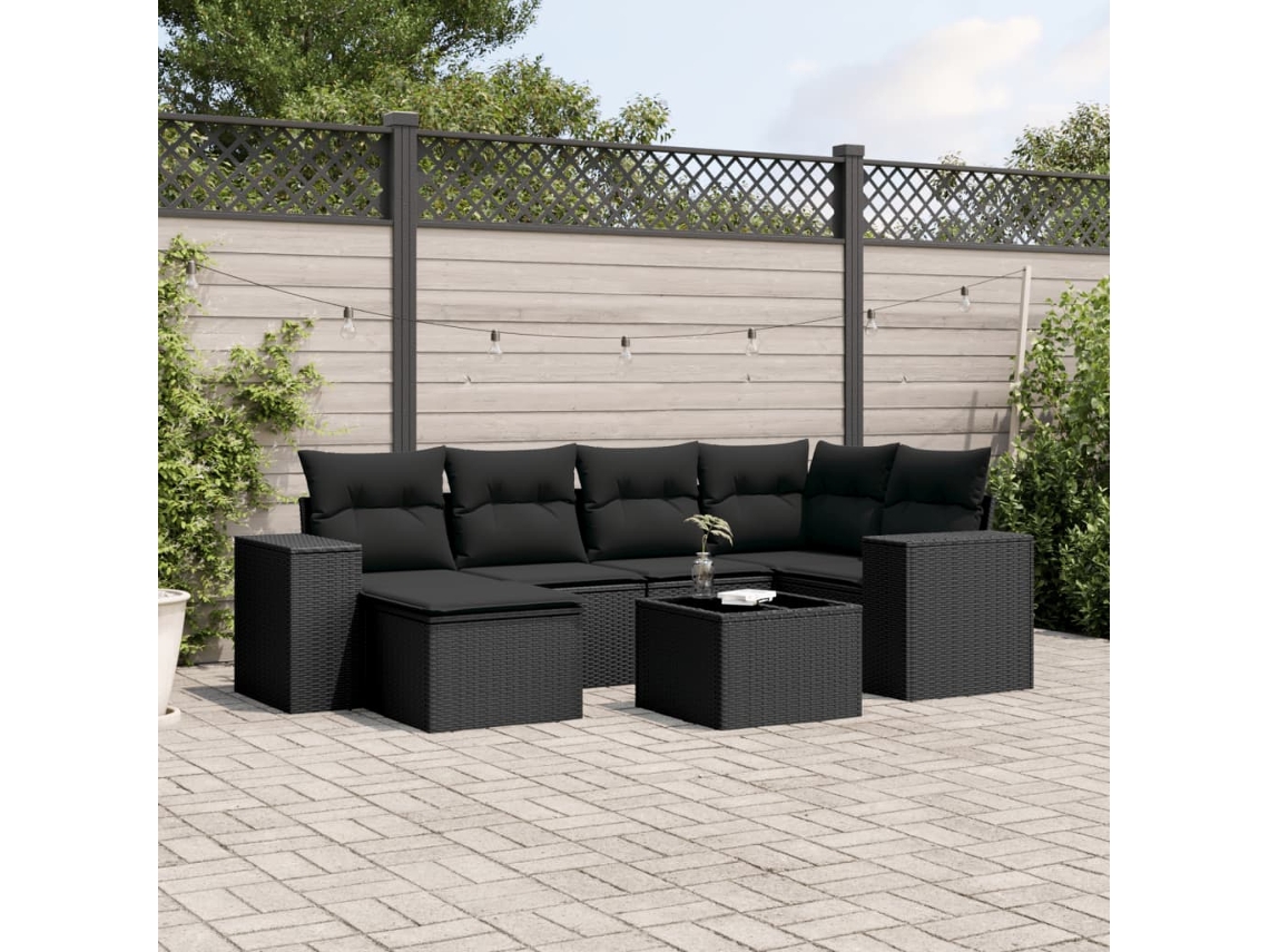 Vidaxl 7 Pcs Conjunto De Sofás P/ Jardim C/ Almofadões Vime Pe Preto