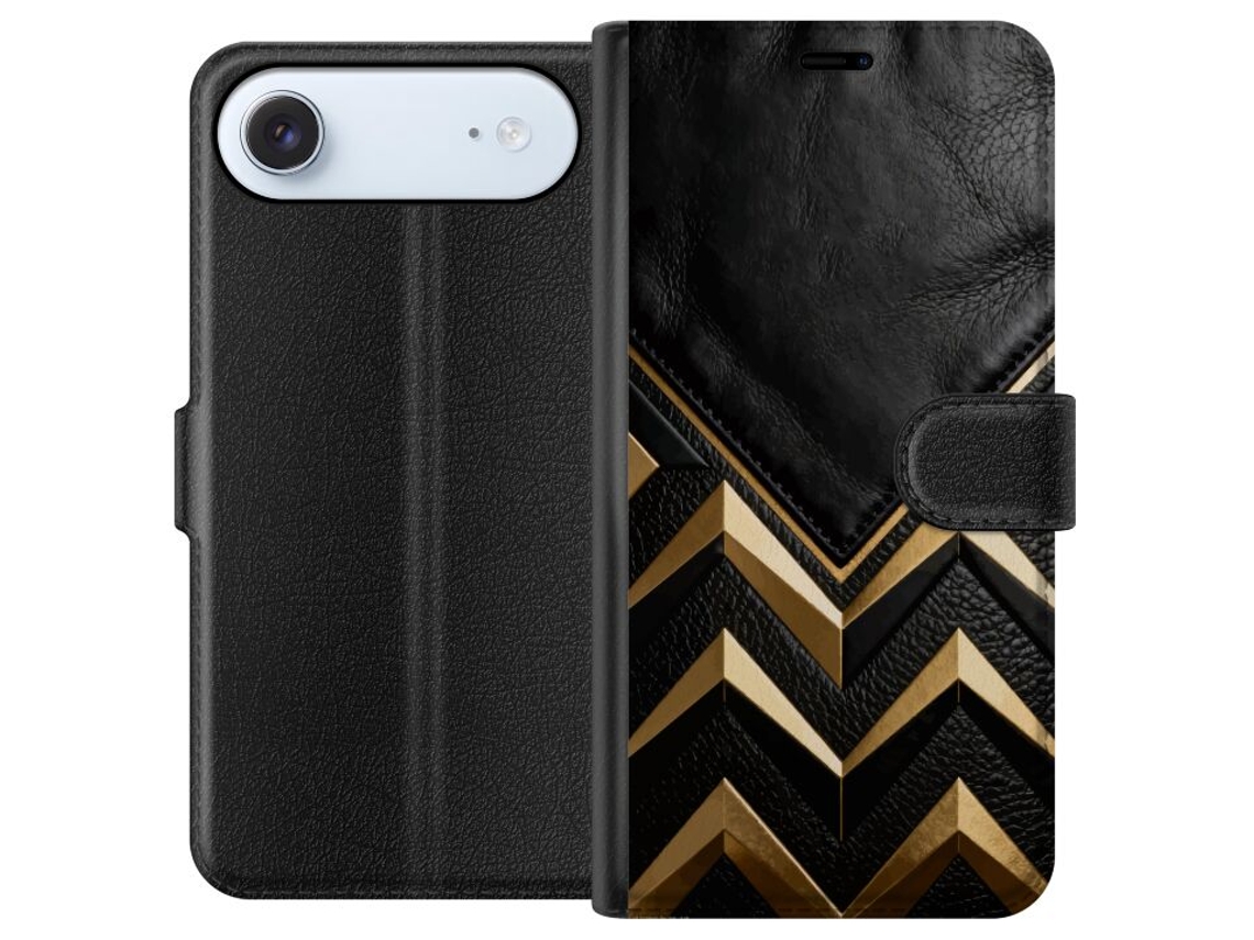 Capa Carteira Compatível Com Apple Iphone Air Em Couro Preto Com Moldura Dourada.