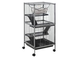 Gaiola Portátil para Pequenos Animais 4 Andares Rodas+2 Portas+3 Rampas, Rede+bandeja Removível 52x52x113,5cm, Cinza Ge