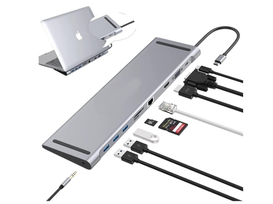 Dock Usb-c Para Laptop, Adaptador Hub Usb-c 10 Em 1, Com Conexões Hdmi E Vga 4k, 3 Portas Usb 3.0, Cinza