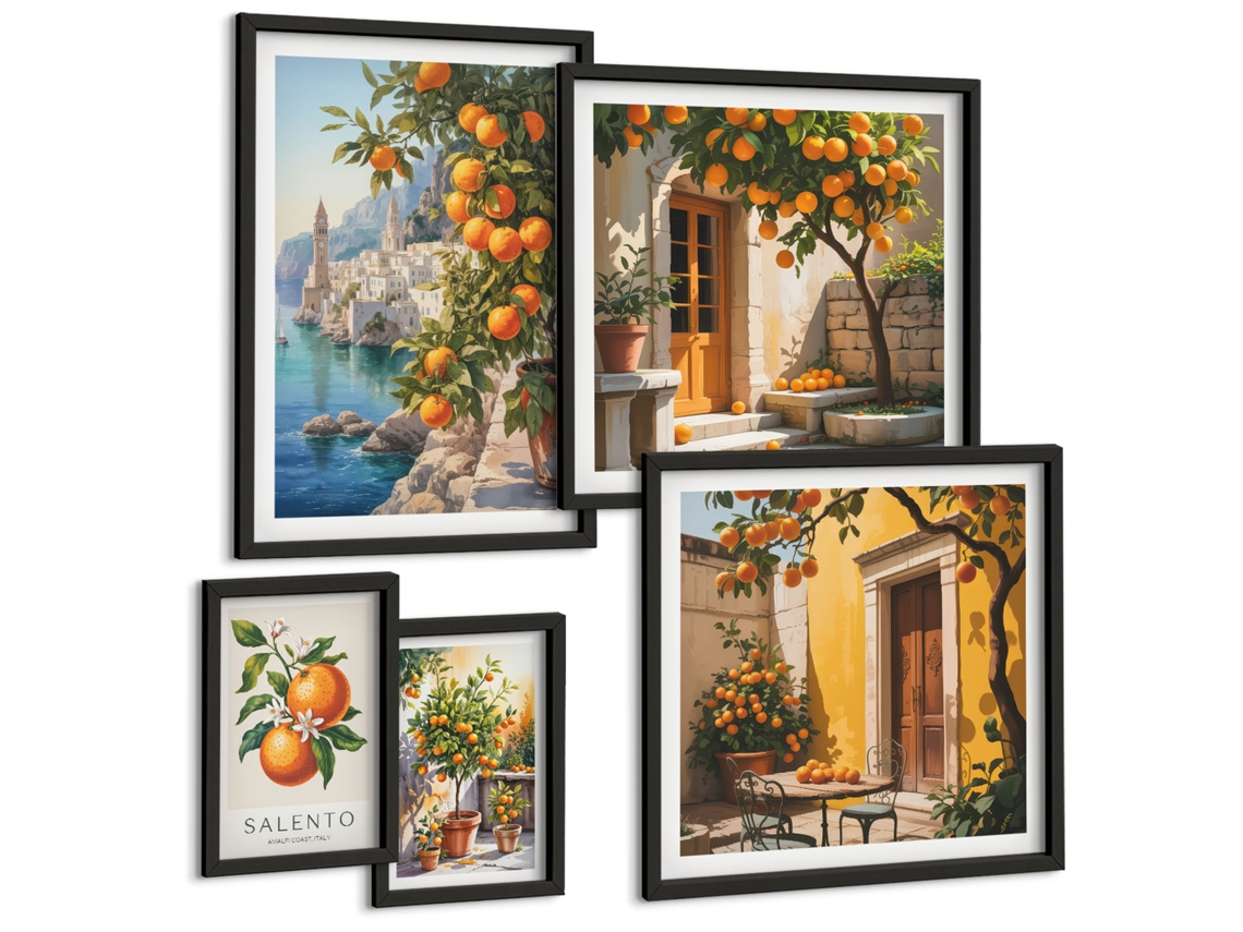 Conjunto De Pinturas Veado Com Chifres, Flores, Van Moldura Preta Quadros Para A Sala De Estar Espelharte (conjunto De 5 Imagens)