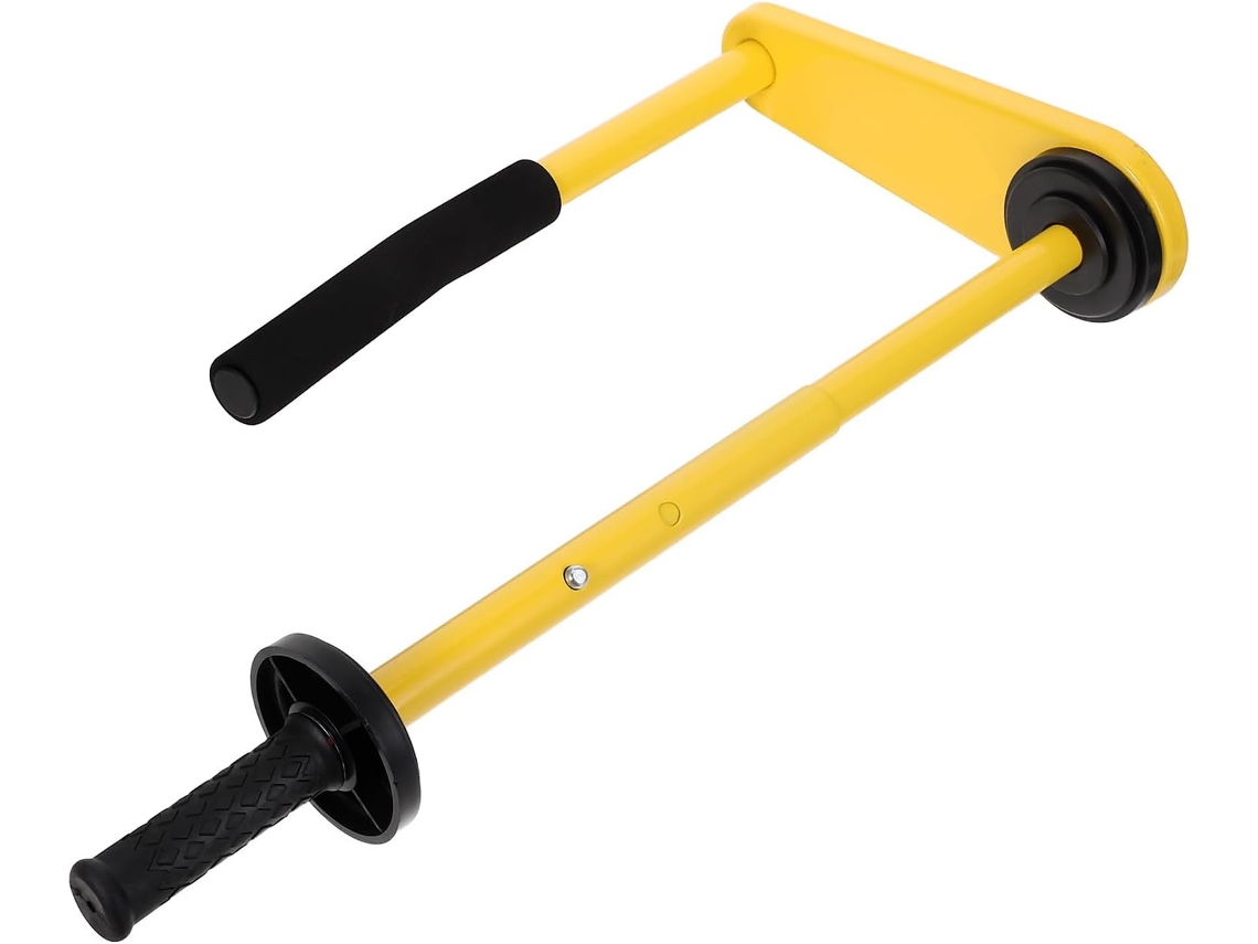 Dispensador manual de filme stretch em aço inoxidável Tehaux com altura ajustável para embalagem em paletes, uso industrial.