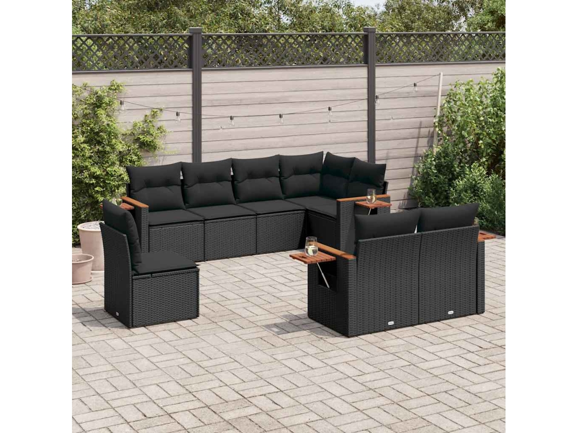 Vidaxl 8 Pcs Conjunto Sofás De Jardim Com Almofadões Vime Pe Preto