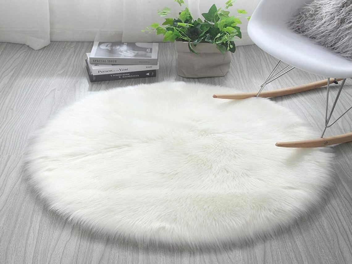 Lurelia Tapete Redondo Branco 45cm, Lã Macia, Apoio Antiderrapante