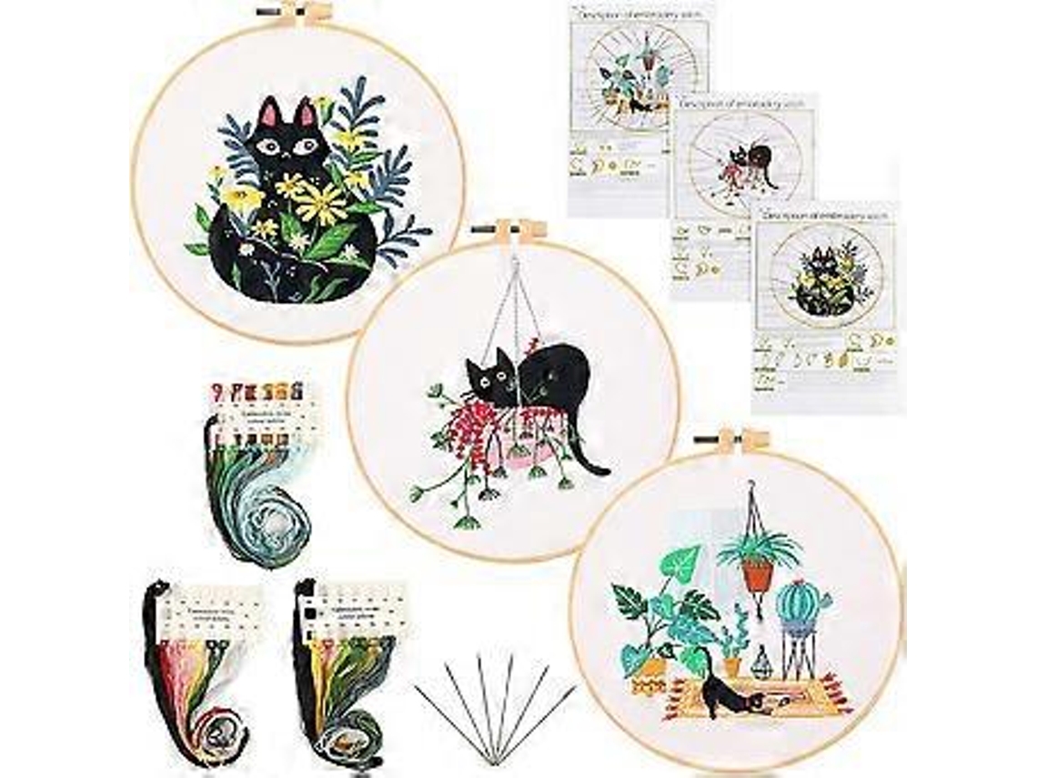 Kit De Bordado Para Iniciantes Em 3 Partes Com Padrão E Instruções, Kit De Bordado Para Iniciantes () Slowmoose (gato E Planta)
