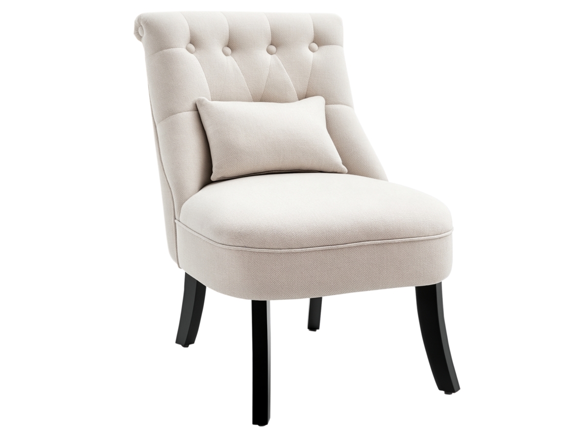 Poltrona estofada macia com almofada para costas, para leitura e descanso, revestimento em tecido com aparência de linho, 52,5x69x77cm, branco creme