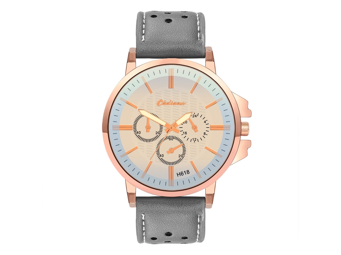 Reloj De Pulsera Unisex De Cuero Pu Casual Tres Ojos Oro Rosa+gris Para Hombre Y Mujer