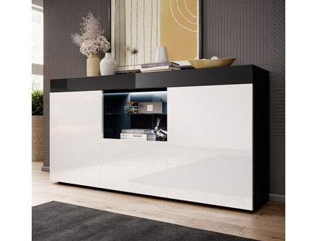 Aparador Elma Com Luz Led 135x73x34 Cm Preto E Branco Brilhante Design Moderno Fabricado Em Espanha Domensino