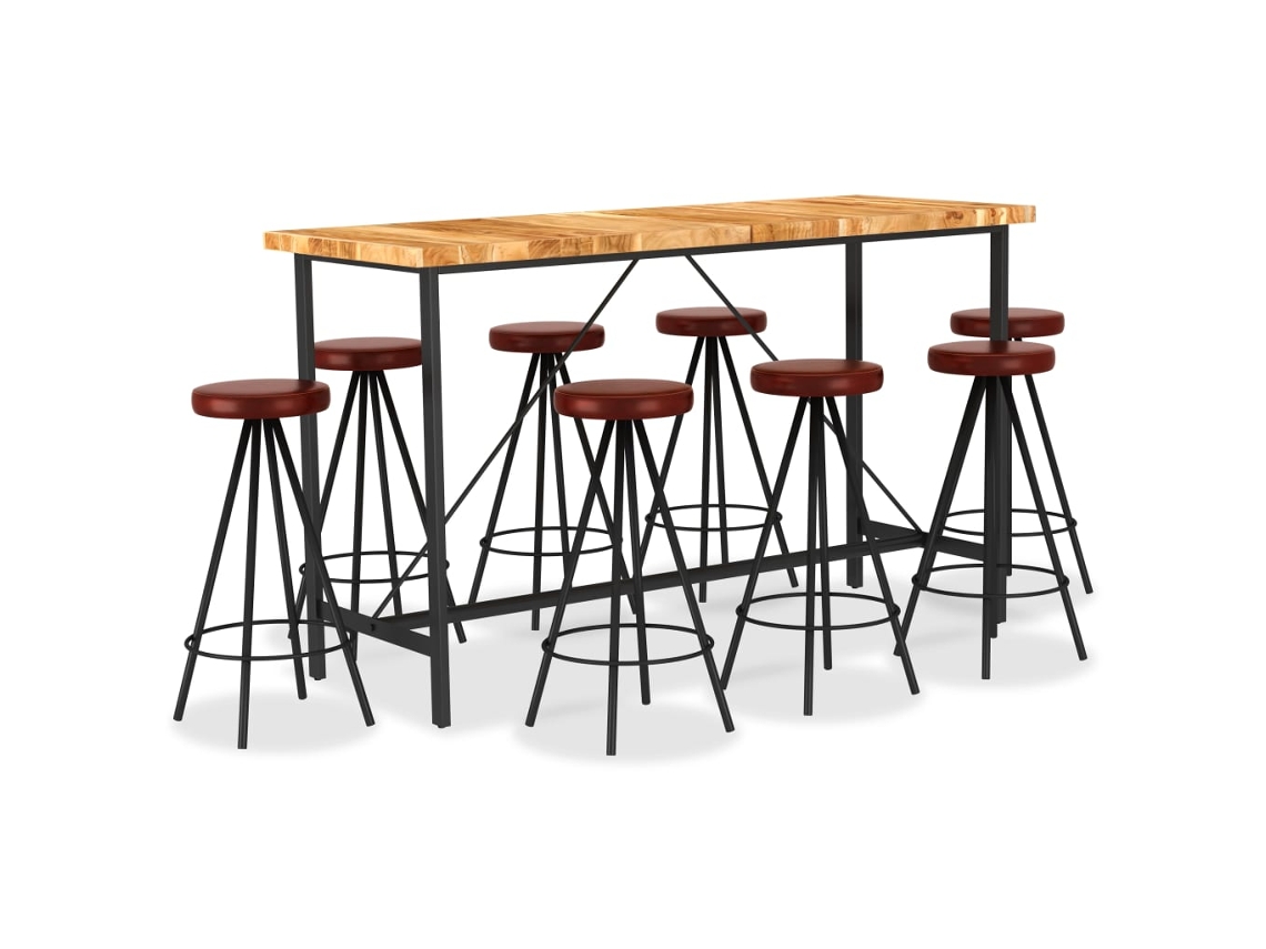 Vidaxl 9 Pcs Conjunto De Bar Madeira De Acácia Maciça E Couro Genuíno
