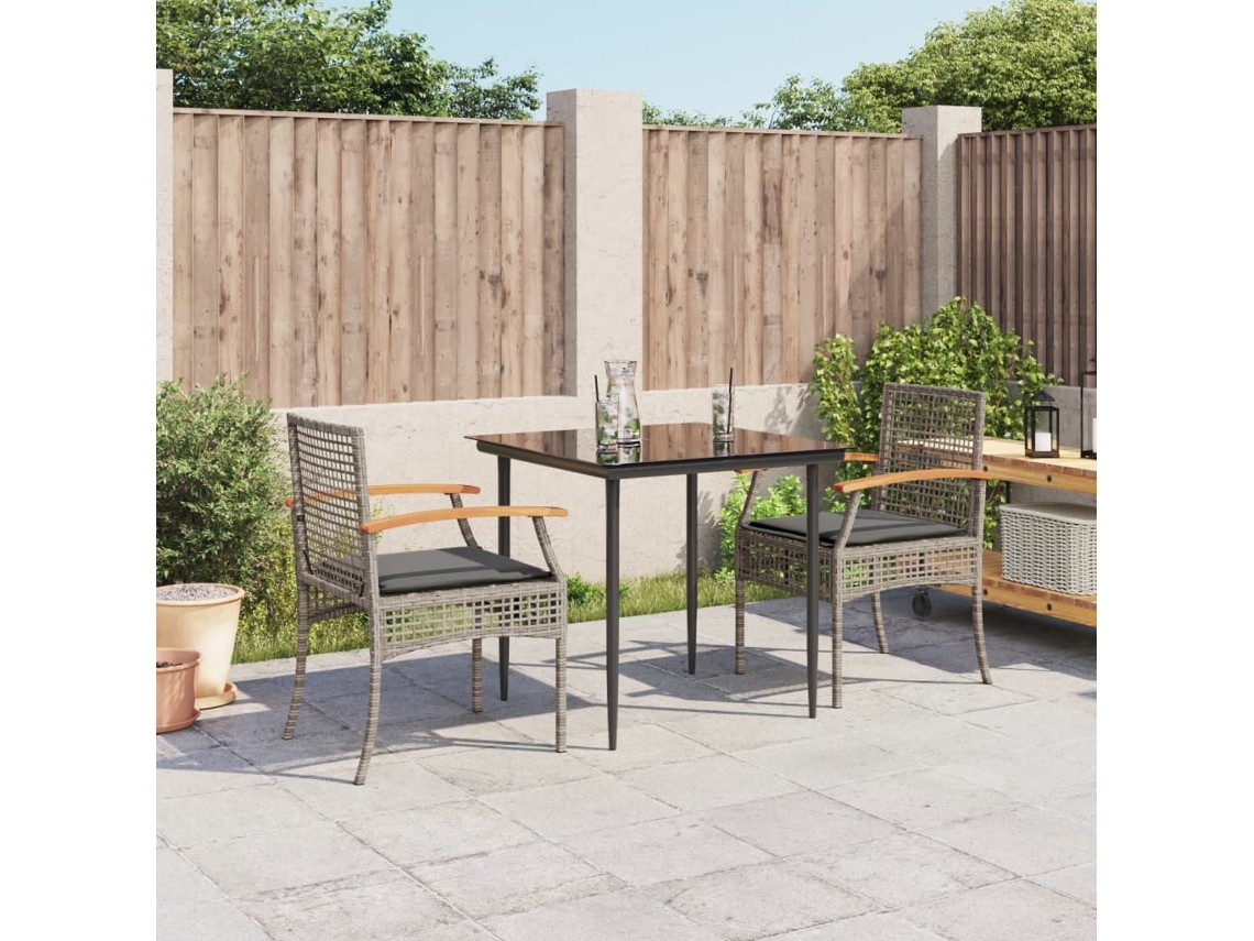 3 Pcs Conjunto De Jantar P/ Jardim C/ Almofadões Vime Pe Cinza Dkd Home Decor