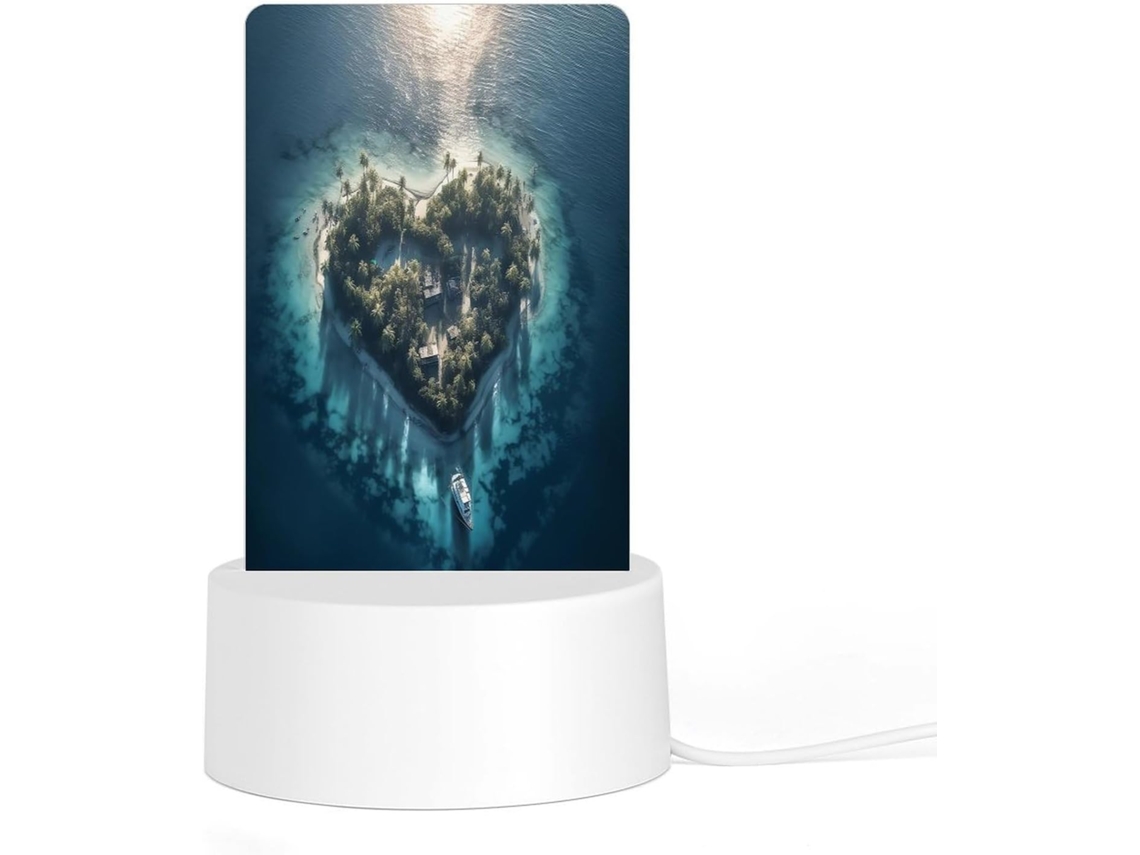 Luminária noturna LED acrílica plug and play com base de plástico, Ilha Estampa em formato de coração.