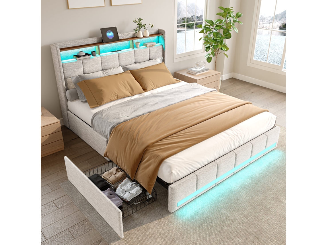 CAMA DE CASAL 160x200cm Linho, com iluminação LED, 4 gavetas metálicas, portas USB/Tipo C, moderno, bege