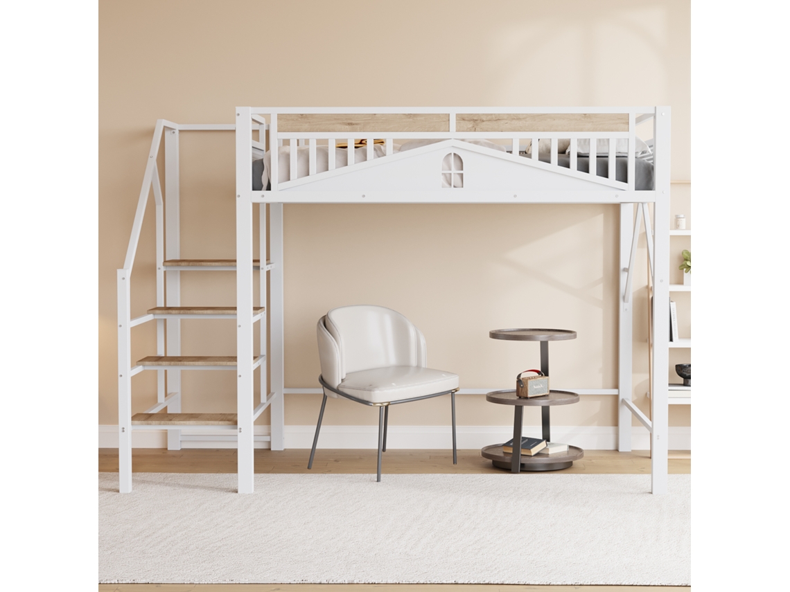 Cama Alta Metálica 140x200 Com Design Exclusivo, Escada De Segurança, Grande Espaço De Arrumação Debaixo Da Cama Branco Estilo