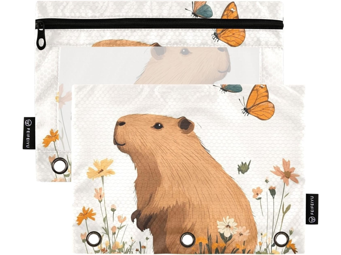 Pasta Organizadora Sweet Capybaras Branca, Com Janela Transparente E Fecho, Estojo Transparente Com Ilhós, 3-argolas