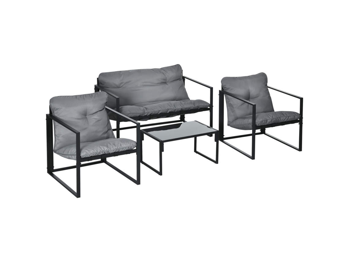 Conjunto De Jardim 4 Peças Com Sofá, 2 Cadeiras E Mesa, Em Aço, Poliéster E Algodão Pp, Preto E Cinza