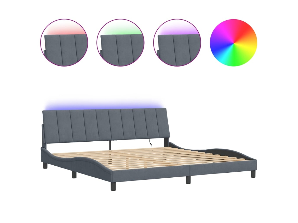 Estrutura de Cama com Led HANKO em Veludo Cinzento Escuro (200x200 cm)