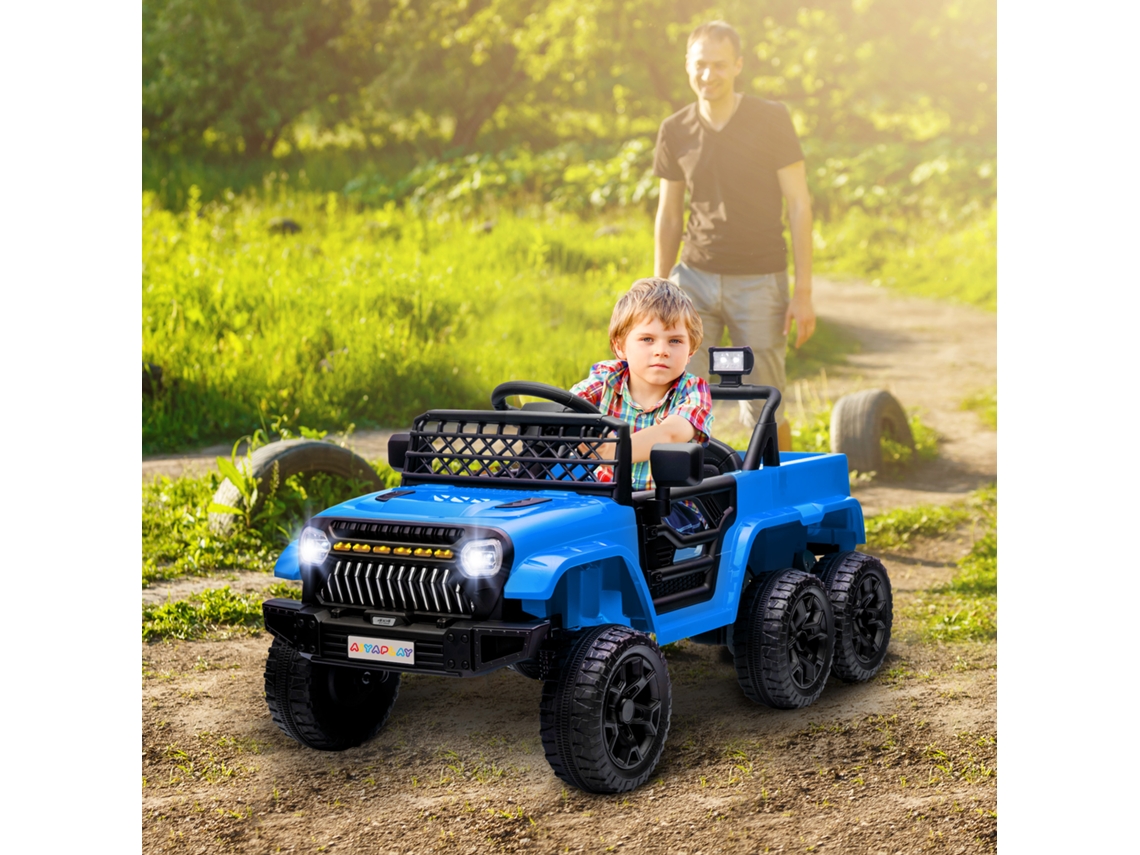 Carro Elétrico Infantil 12v Azul Claro Com Trailer, Luzes Led, Música E Buzina Para Crianças De 3 A 8 Anos
