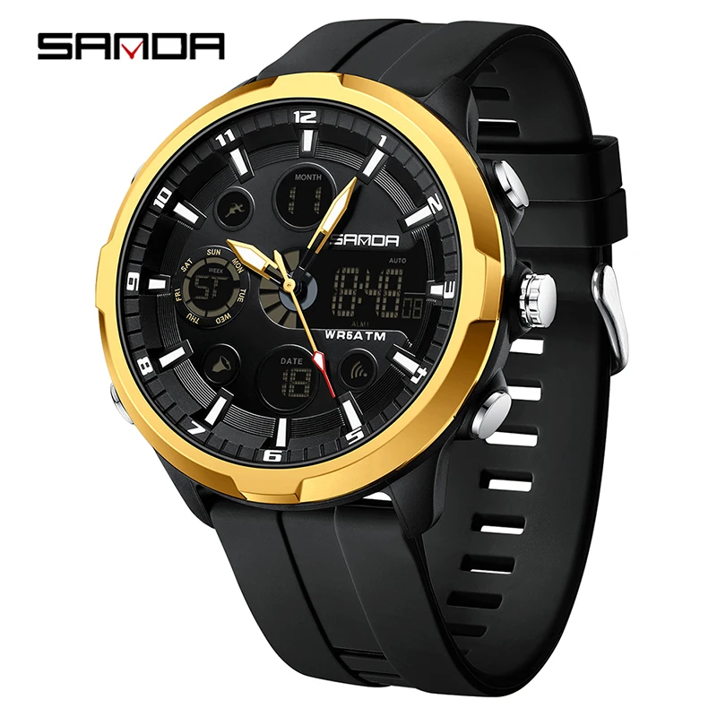 Relógio de Quartzo Multifuncional MDUG Masculino, Resistente à Água até 50m, com Visor Duplo e Cronógrafo (dourado)