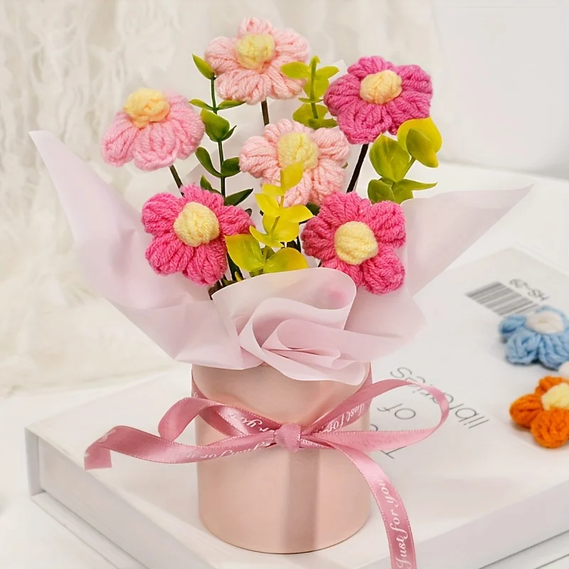 (rosa) Buquê Feito À Mão Em Crochê, Buquê De Margaridas Tricotadas, Decoração Para Casa, Presente.