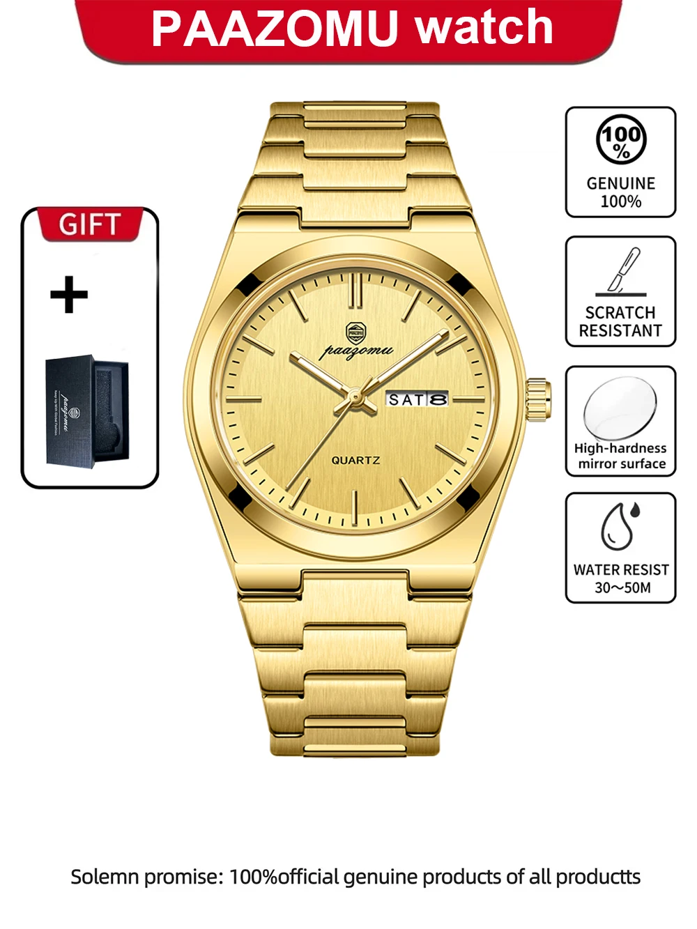Relógio De Pulso Elegante E À Prova D'água (dourado), Em Aço Inoxidável, Com Funções De Data E Dia Da Semana.