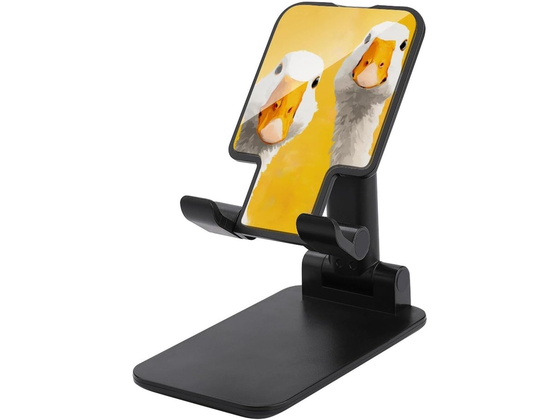 Dois Patos De Pescoço Comprido Em Um Suporte Amarelo Dobrável E Ajustável Para Celular, Ideal Para Mesa