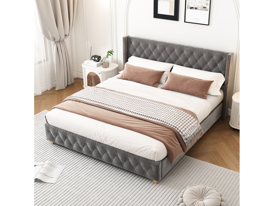 Cama Estofada 180x200 Cinza Veludo Com Botões