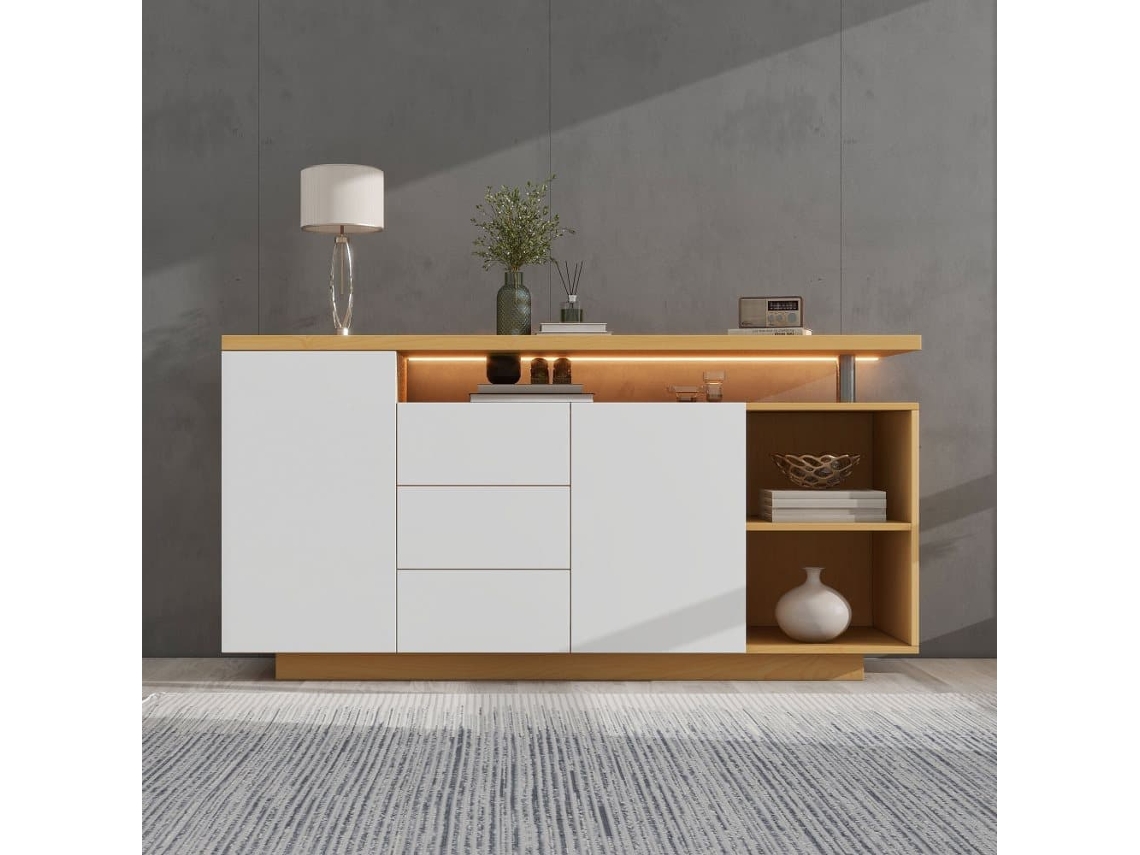 Aparador Multifuncional 140 Cm - 2 Portas, 3 Gavetas, 2 Compartimentos Abertos, Com Iluminação Led - Branco E Madeira