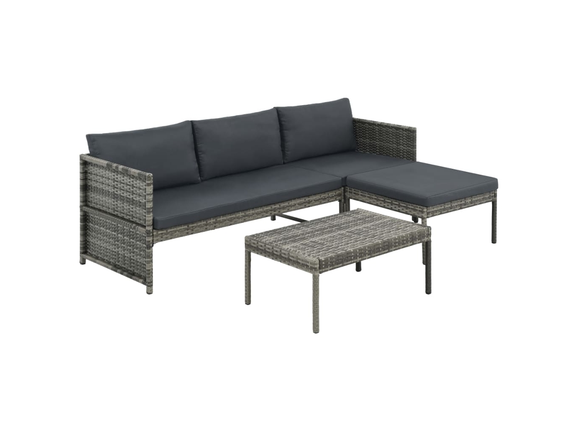 Vidaxl 3 Pcs Conjunto Lounge De Jardim C/ Almofadões Vime Pe Cinzento
