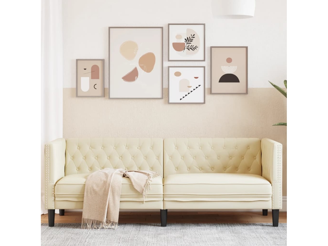 Vidaxl Sofá Chesterfield 3 Lugares Couro Artificial Creme