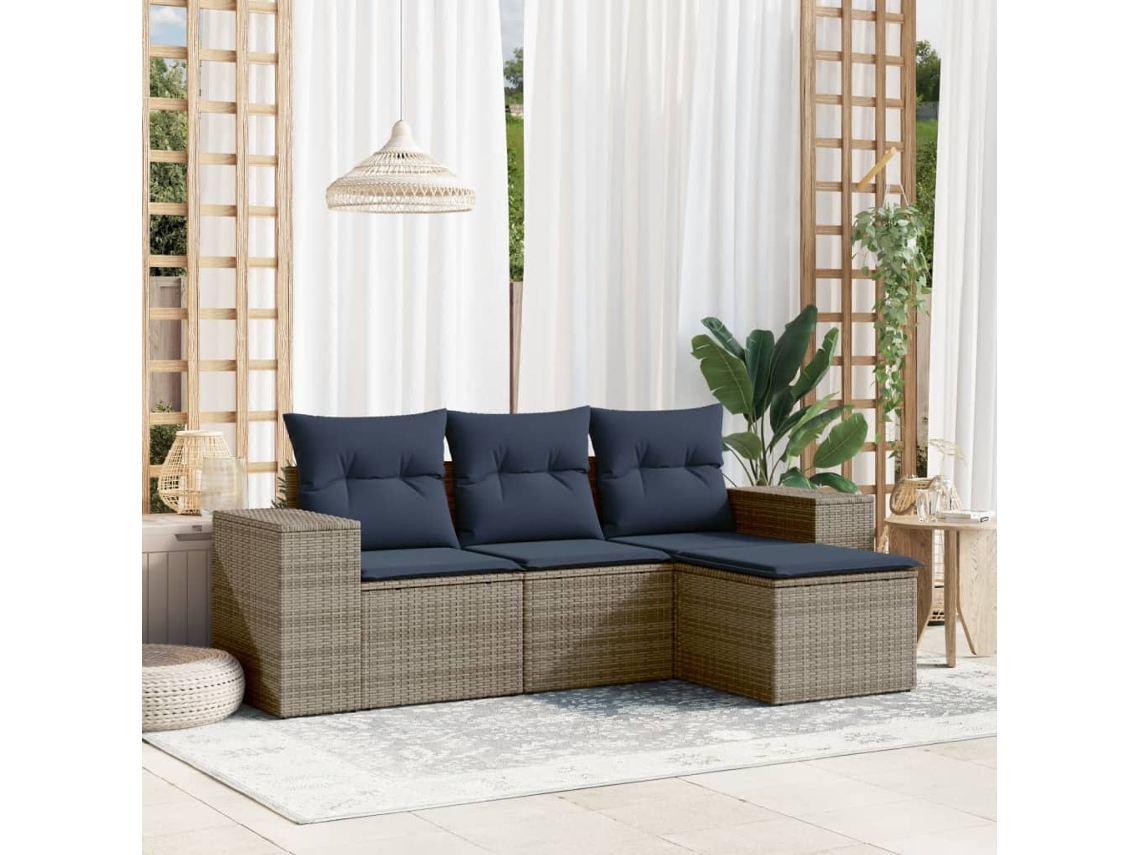 Vidaxl Conjunto De Sofá De Jardim Com 4 Peças E Almofadas Em Rattan Sintético Cinza