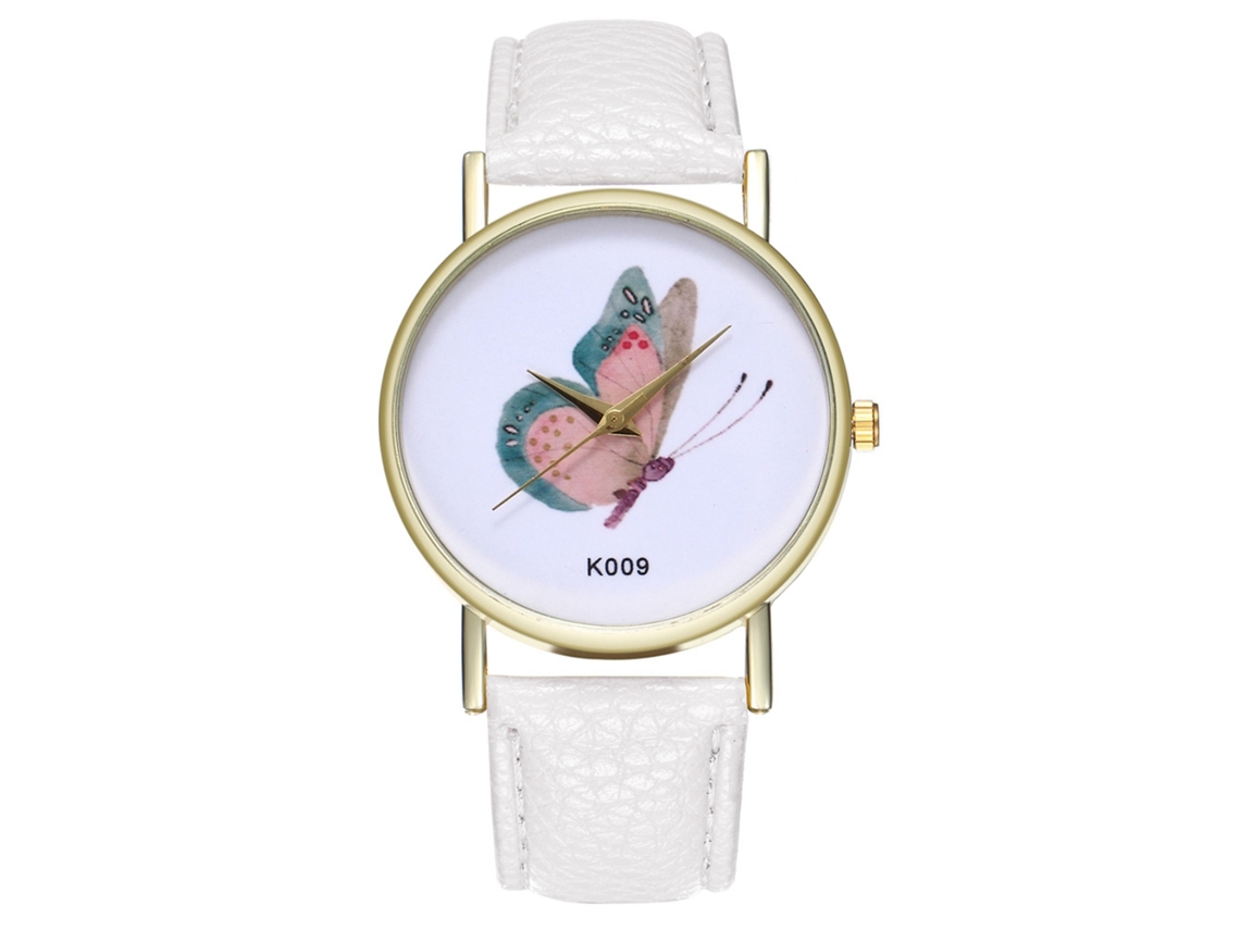 Relógio de pulso feminino em couro com borboletas, moderno, quadrado, quartzo, branco.